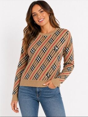 Tan Plaid Crewneck Sweater with Black and Red Stripes